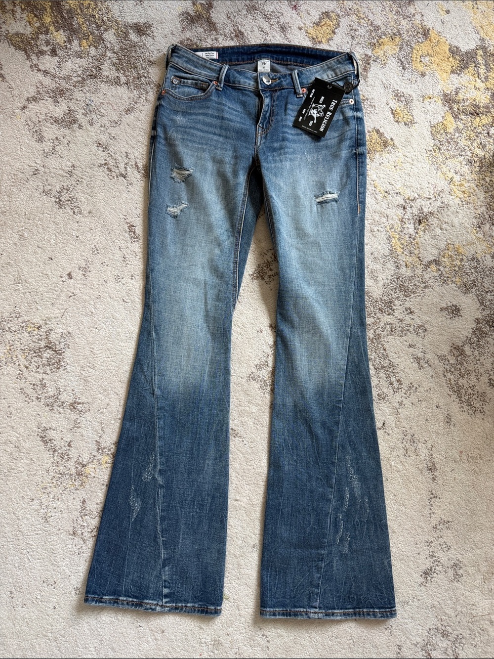 True Religion Medium Blue Distressed Flare Jeans